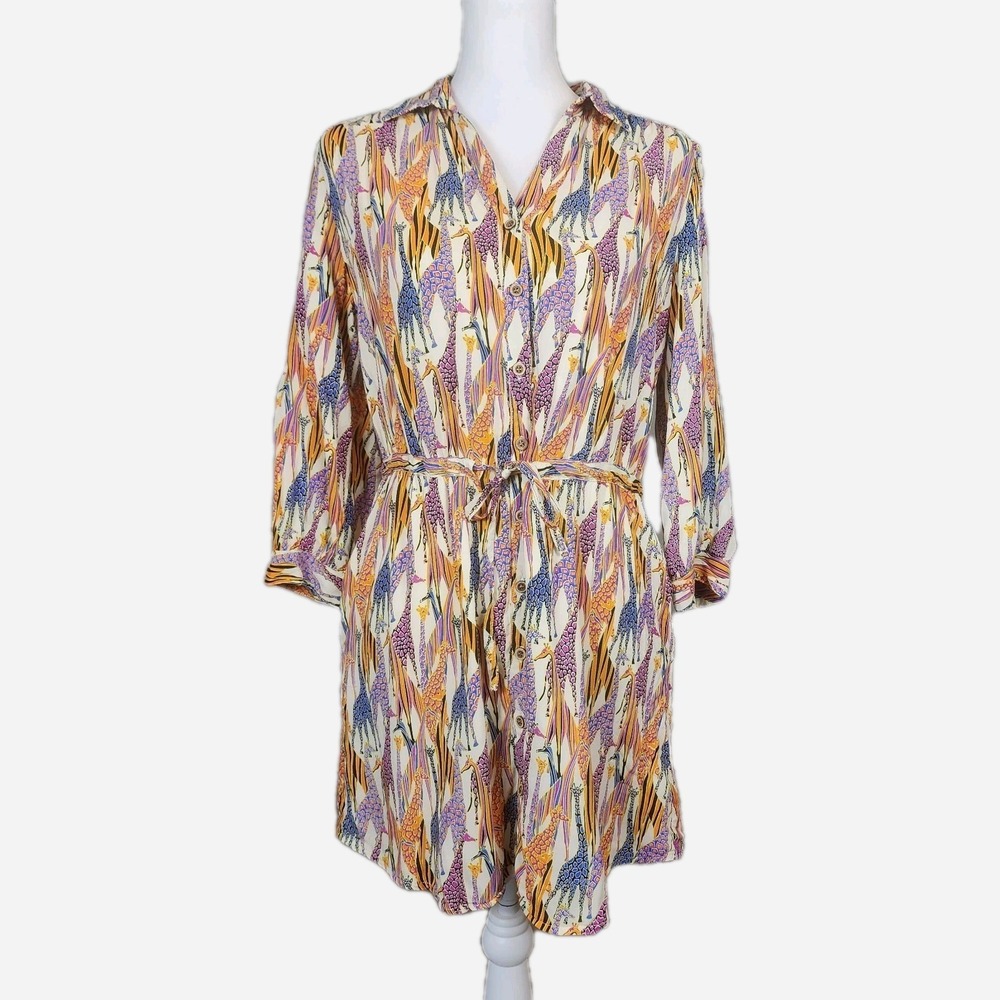 Julie Brown JB Cleo Drawstring Shirtdress Womens‎ 8 Giraffe Rayon Casual Retro